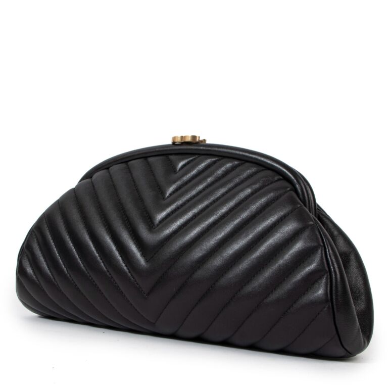 Chanel Black Lambskin Chevron Quilted Timeless Clutch Labellov