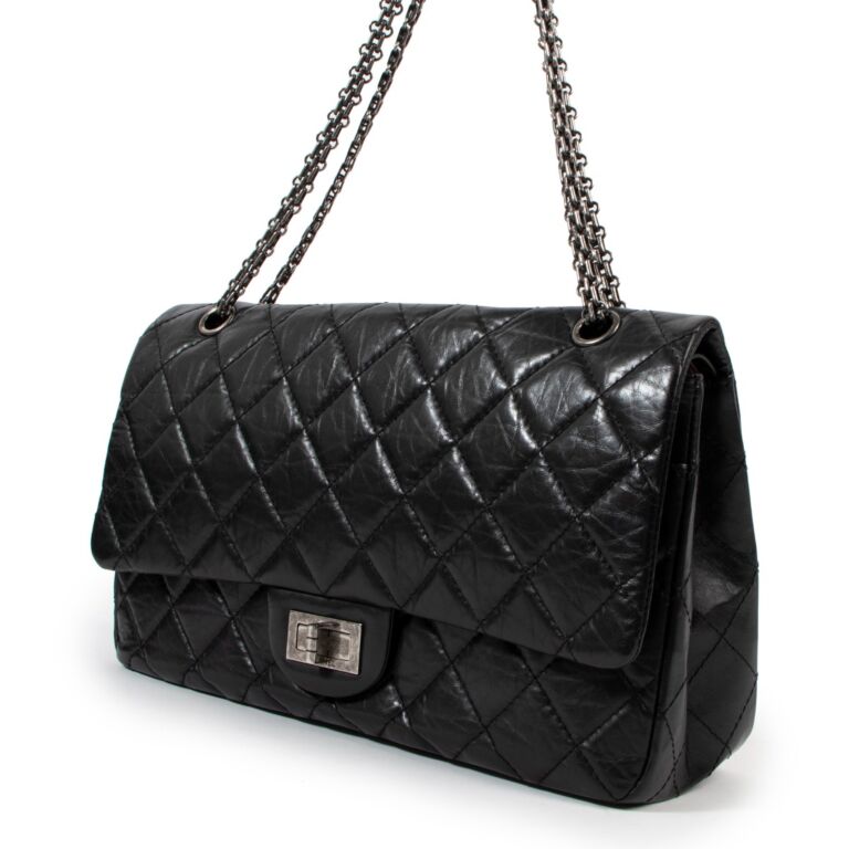 Maxi 2.55 handbag, Aged calfskin & gold-tone metal, black — Fashion | CHANEL