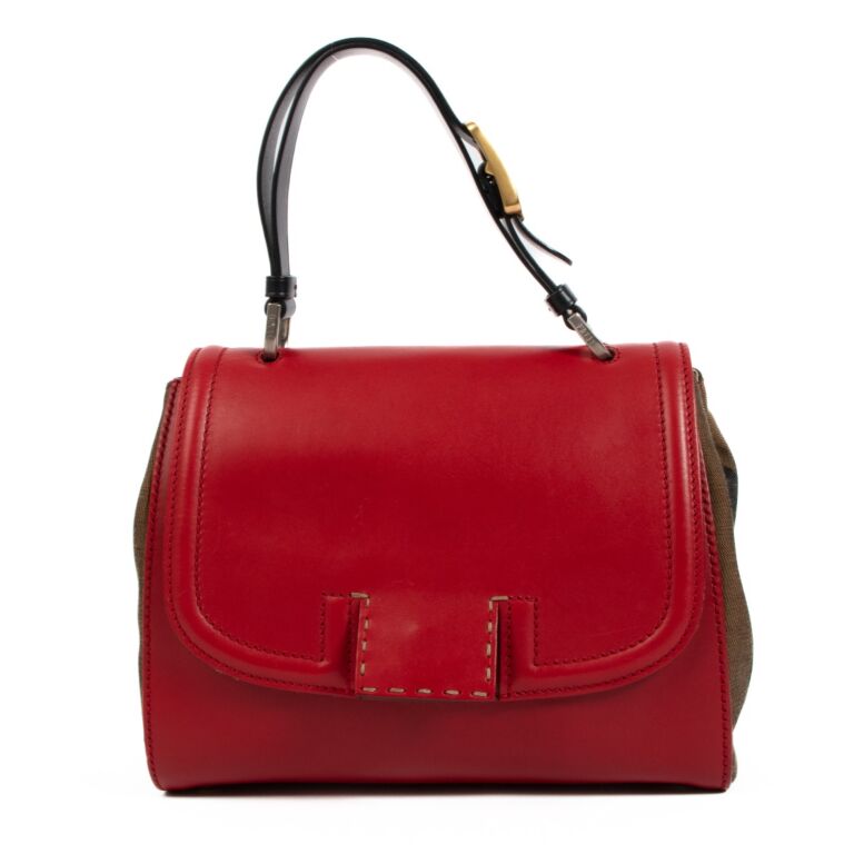 Fendi Red Leather Pequin Canvas Silvana Top Handle Bag Labellov Buy and Sell Authentic Luxury