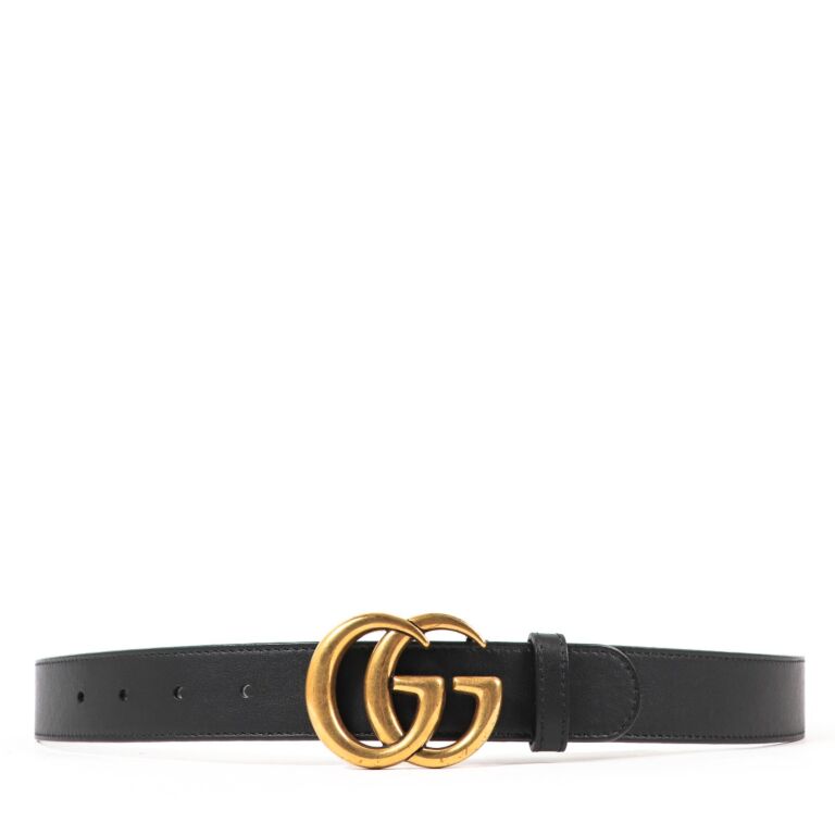 Gucci Black Leather Double G Antique Gold Belt - size 90