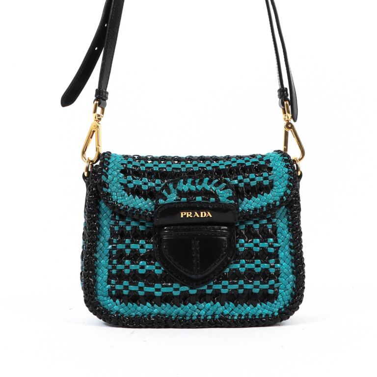 Prada Black/Turquoise Madras Woven Flap Crossbody Bag