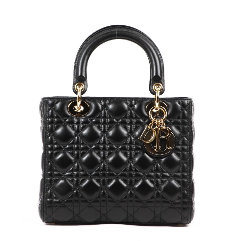Christian Dior Black Medium Lady Dior Cannage Lambskin Labellov Buy and Sell Authentic Luxury