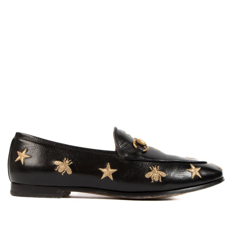 Gucci Black Leather Embroidered Bee Stars Jordaan Loafers