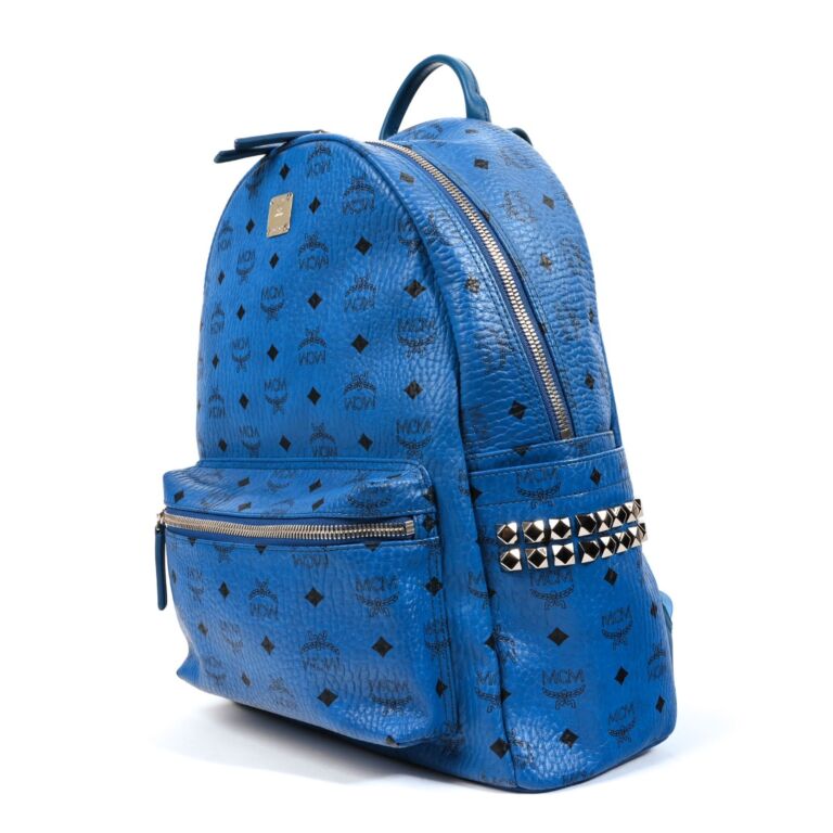 MCM Stark Backpack Visetos Side Studs Medium Munich Blue in Coated Canvas  with Silver-tone - US