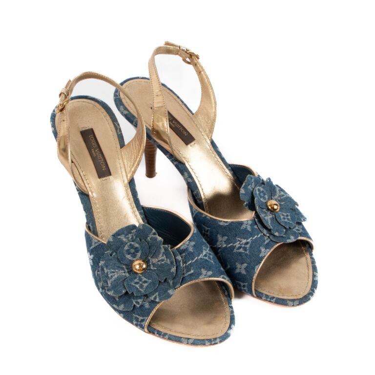 Louis Vuitton LV Logo Denim Wedge Sandals Blue Indigo Size 36.5