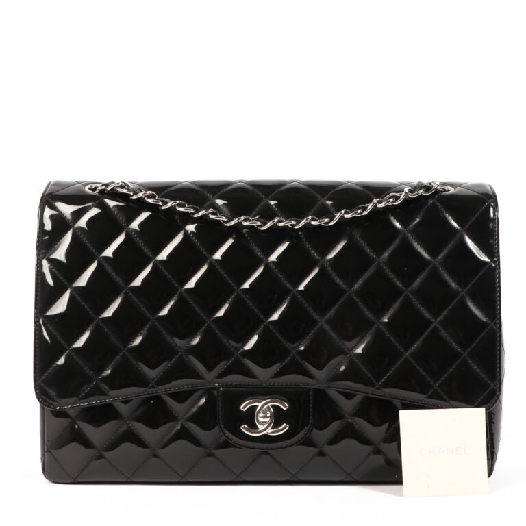 Chanel Black Quilted Patent Leather Maxi Single Flap Bag with Gold