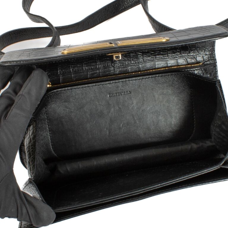 Balenciaga Black Croc Embossed Leather Gossip S Bag