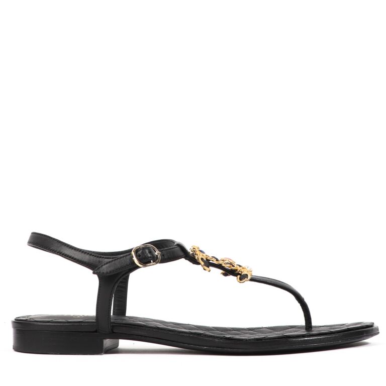 Chanel Black Lambskin Jewelled CC Sandals Size 39 Labellov