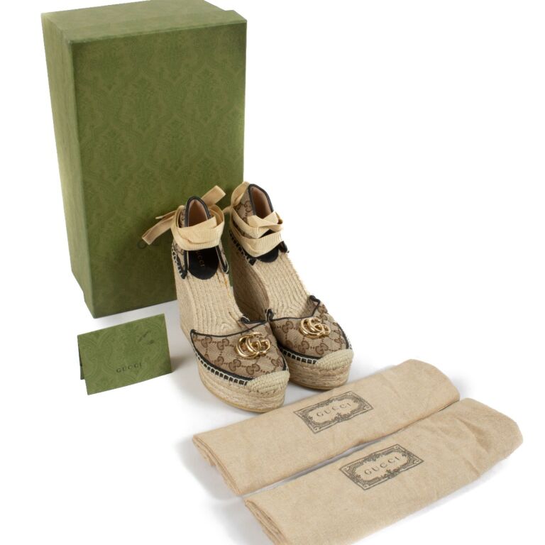 Gucci GG Marmont Pilar Ankle Tie Espadrille Wedge Pumps