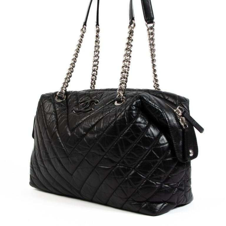 Chanel Black Chevron Aged Calfskin Bowling Bag ○ Labellov