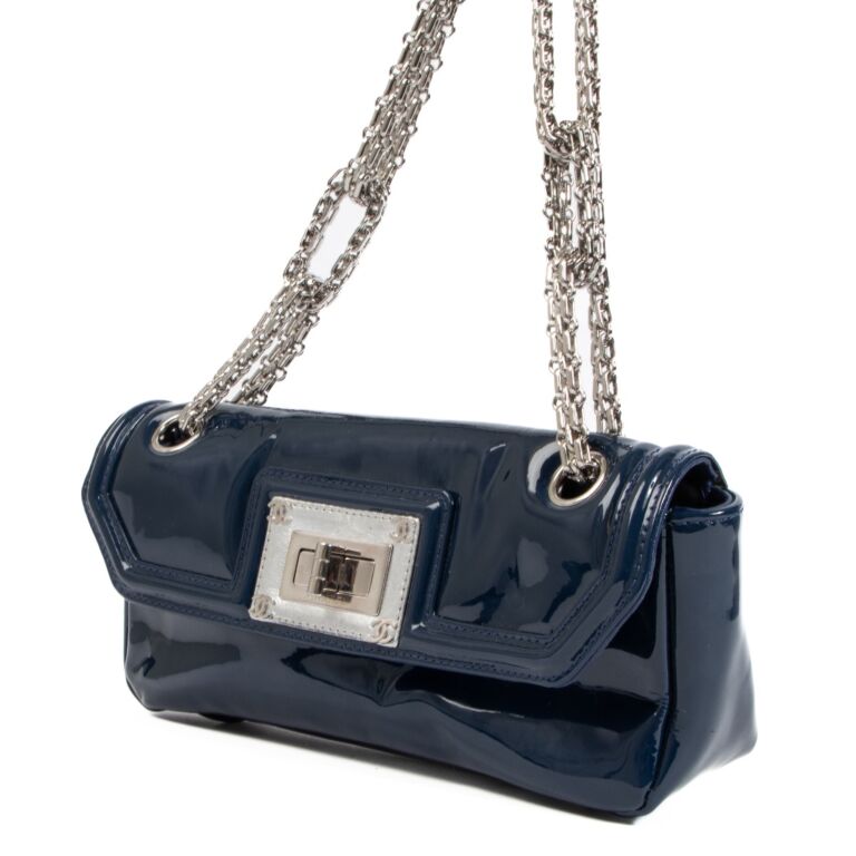Chanel Mademoiselle Lock Blue Patent Leather Clutch Bag