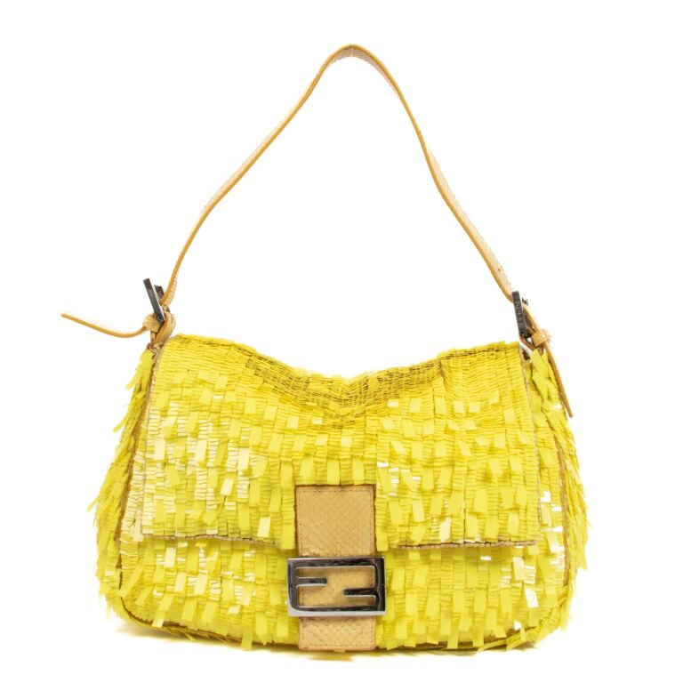 Fendi Neon Yellow Sequin Mamma Baguette Shoulder Bag Labellov