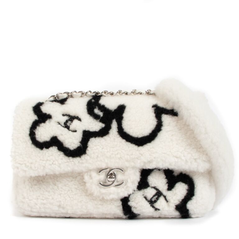 Chanel White Shearling CC Flower Classic Flap Bag Labellov