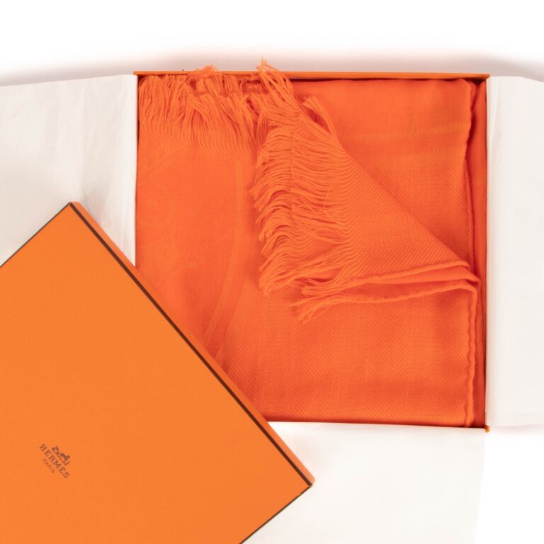 Hermès New Libris Orange Cashmere Shawl ○ Labellov ○ Buy