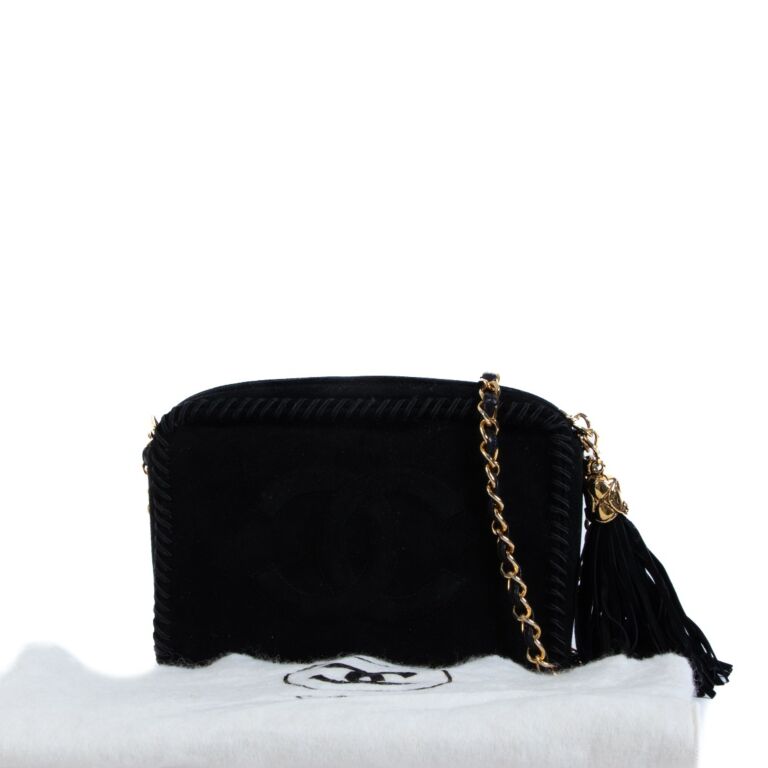 VINTAGE CHANEL CC BLACK SUEDE CAMERA BAG WITH TASSEL