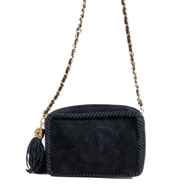 Chanel Vintage Black Suede Bag Leather Tassel & Chain Strap