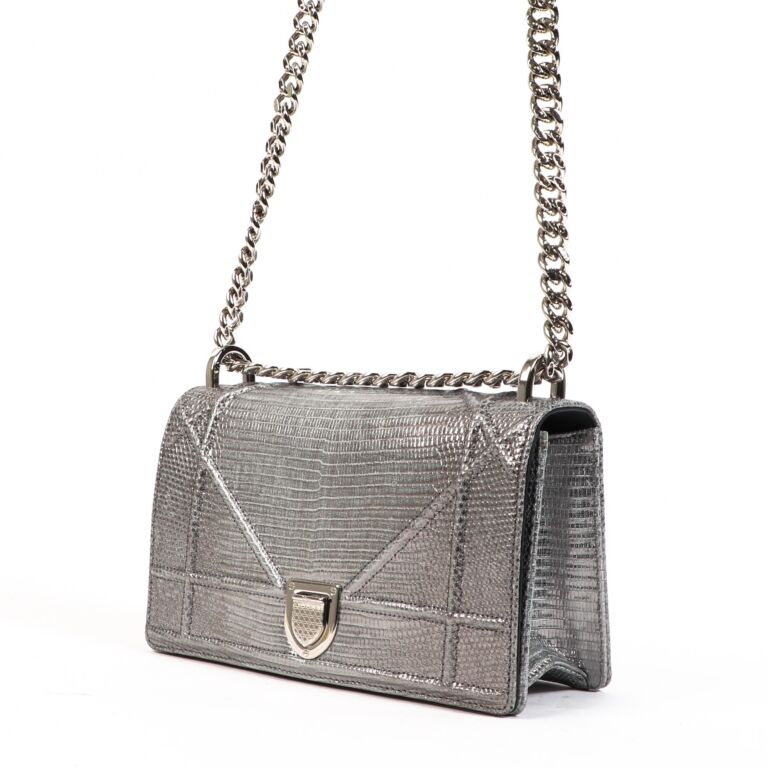 Christian Dior Silver Lizard Embossed Small Diorama Shoulder Bag