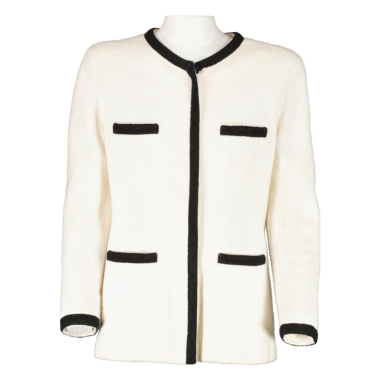 Chanel white jacket with black trim on sale