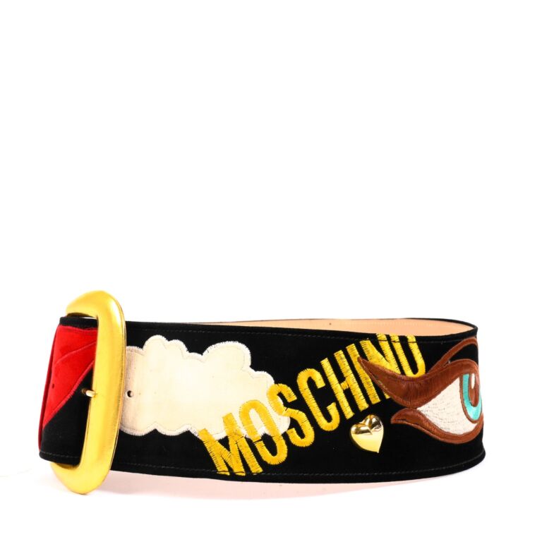 Moschino Black Suede Novelty Eyes Lips Clouds Wide Belt