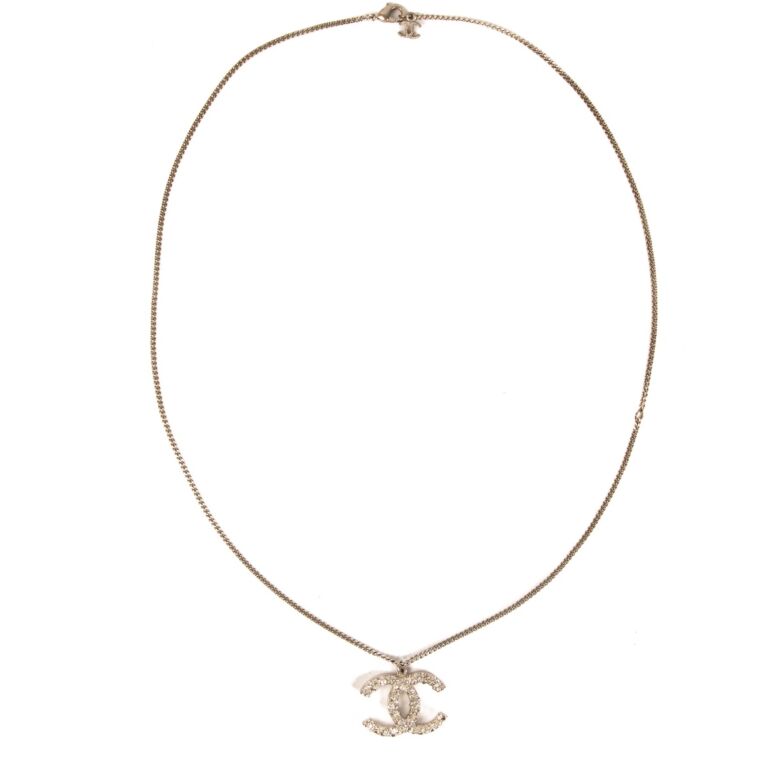 Chanel 14P Silver Toned Crystal CC Pendant Necklace Labellov