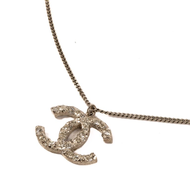 Chanel 14P Silver-Toned Crystal CC Pendant Necklace ○ Labellov