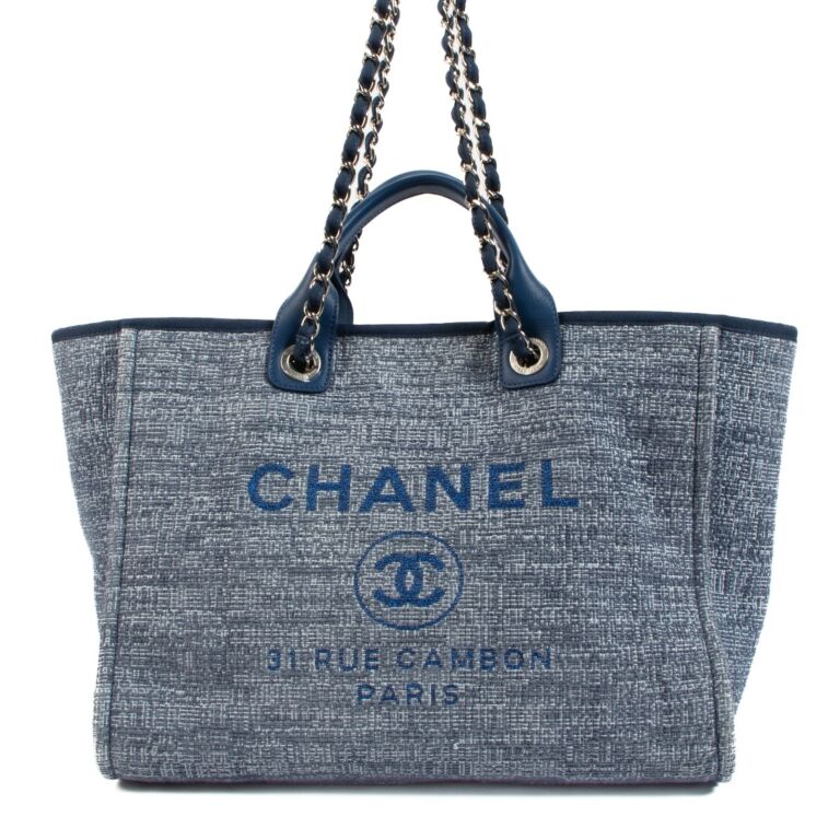 CHANEL Deauville Tote Large Navy Canvas Silver Hardware 2018