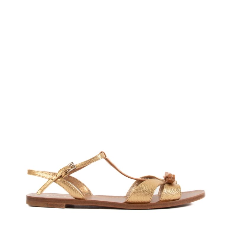 Prada Gold Tan Leather Bow Sandals size 36 Labellov Buy and Sell Authentic Luxury