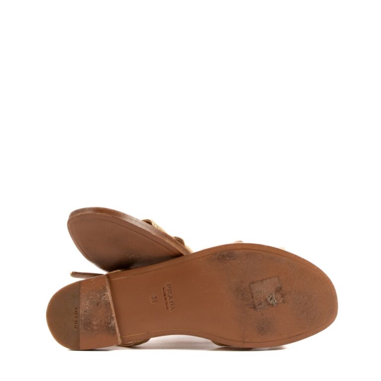 モダン♪◇ボウ Sandal◇PRADA Prada Gold & Tan Leather Bow Sandals - size 36 ○ Labellov