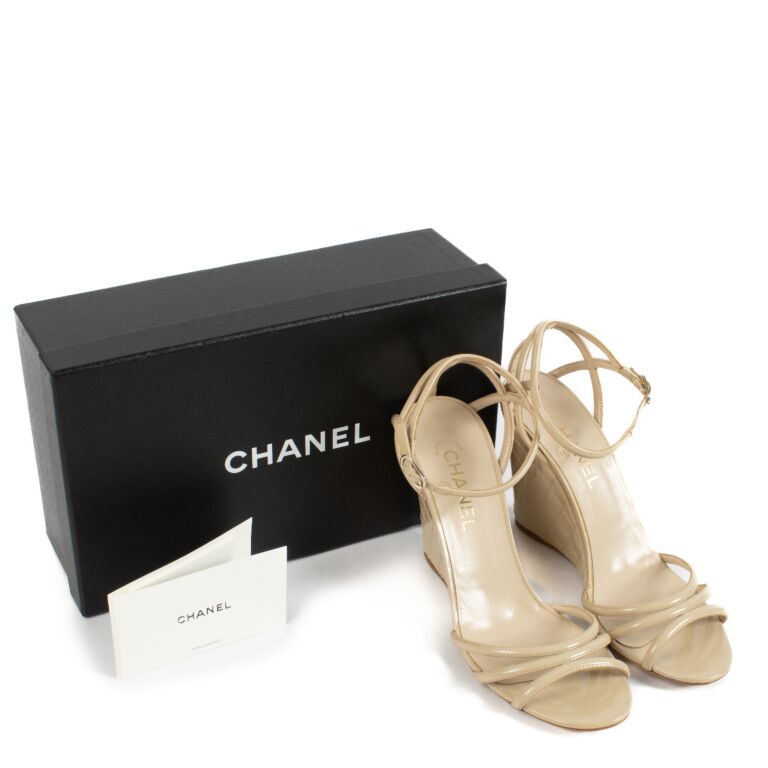 Chanel Beige Patent Leather Wedge Sandals - Size 40,5