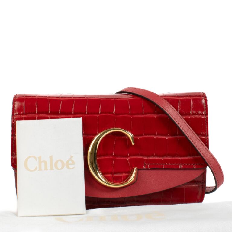 【１着でも送料無料】 Chloé Dusky Bag Clutch Chain C Embossed Crocodile Red レインブーツ/長靴