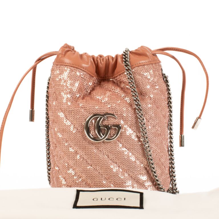 Gucci Dusty Pink Sequin GG Marmont Mini Bucket Bag Labellov Buy and Sell Authentic Luxury