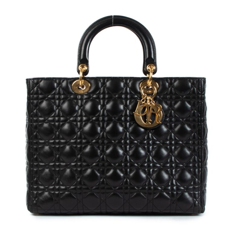 Christian Dior Black Lambskin Cannage Large Lady Dior Bag