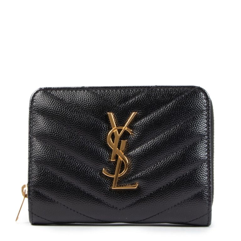 Saint Laurent Black Leather Cassandre Compact Zip Around Wallet