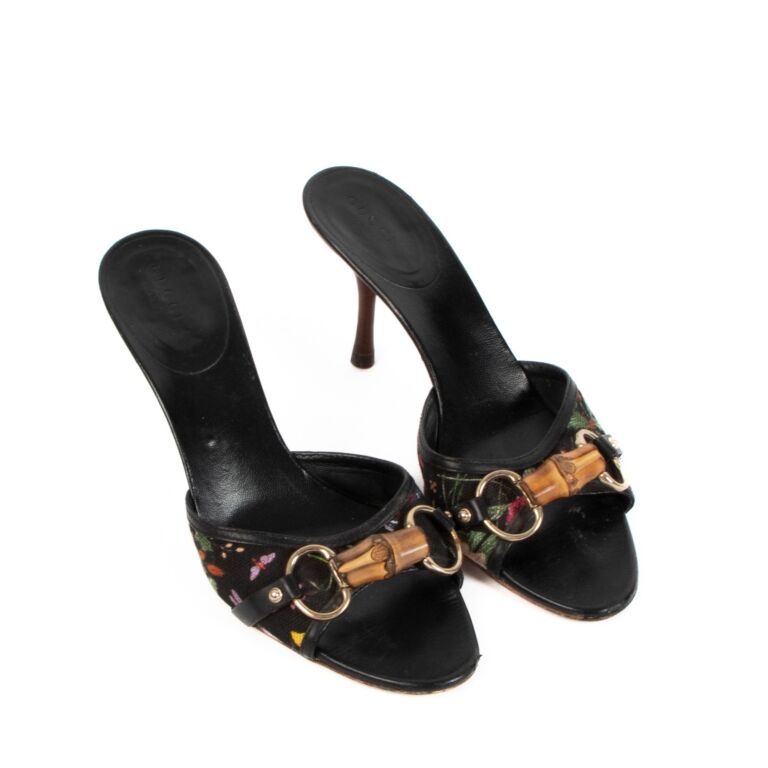 Gucci Black Flora Canvas Bamboo Mule Sandals - size 38