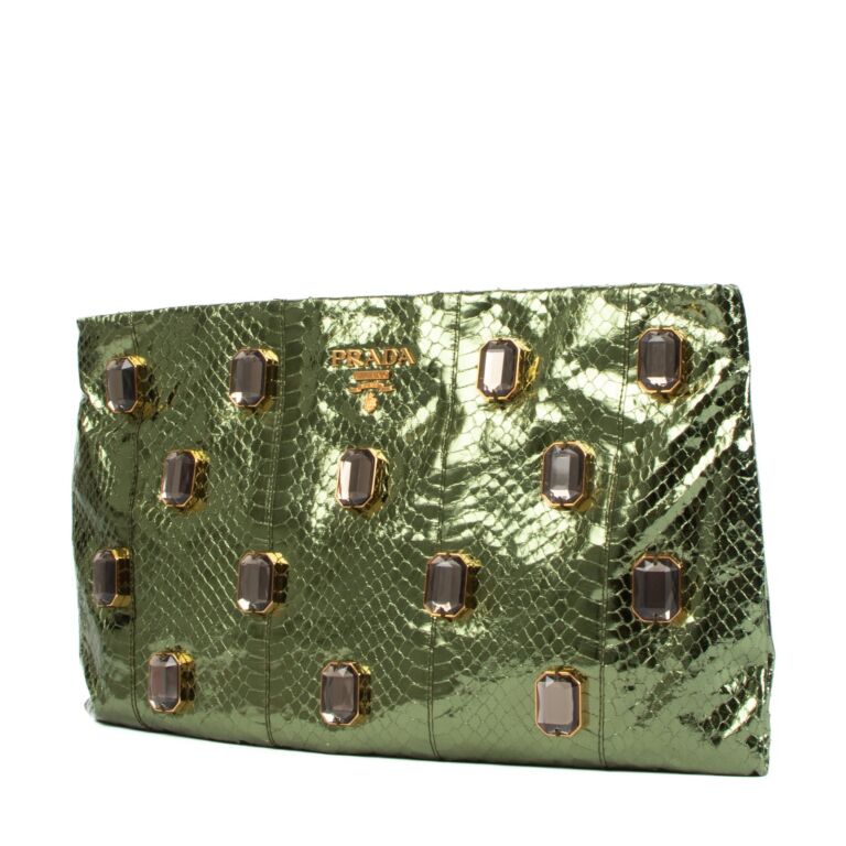 Prada Metallic Green Snakeskin Effect Crystal Embellished