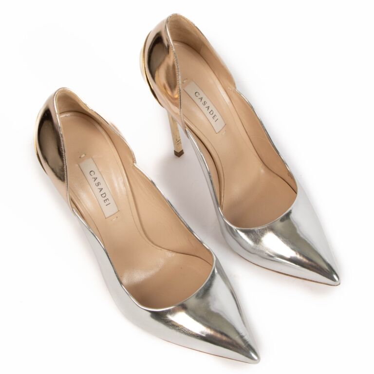 Casadei Techno Blade Metallic Silver Gold Pumps size 39 Labellov Buy and Sell Authentic Luxury