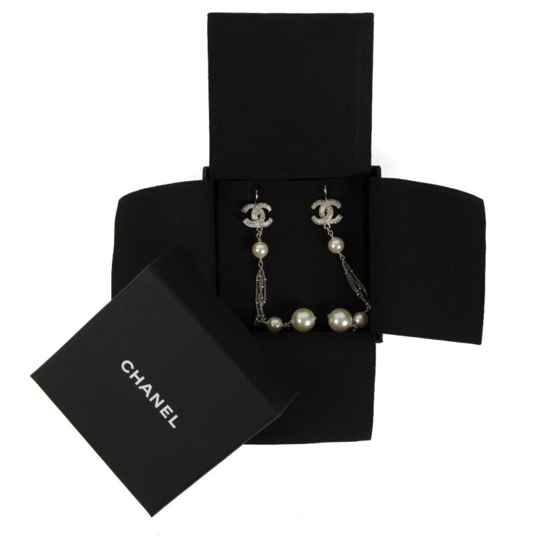 Chanel Silver Crystal Pearl Drop Earrings ○ Labellov ○ Buy and