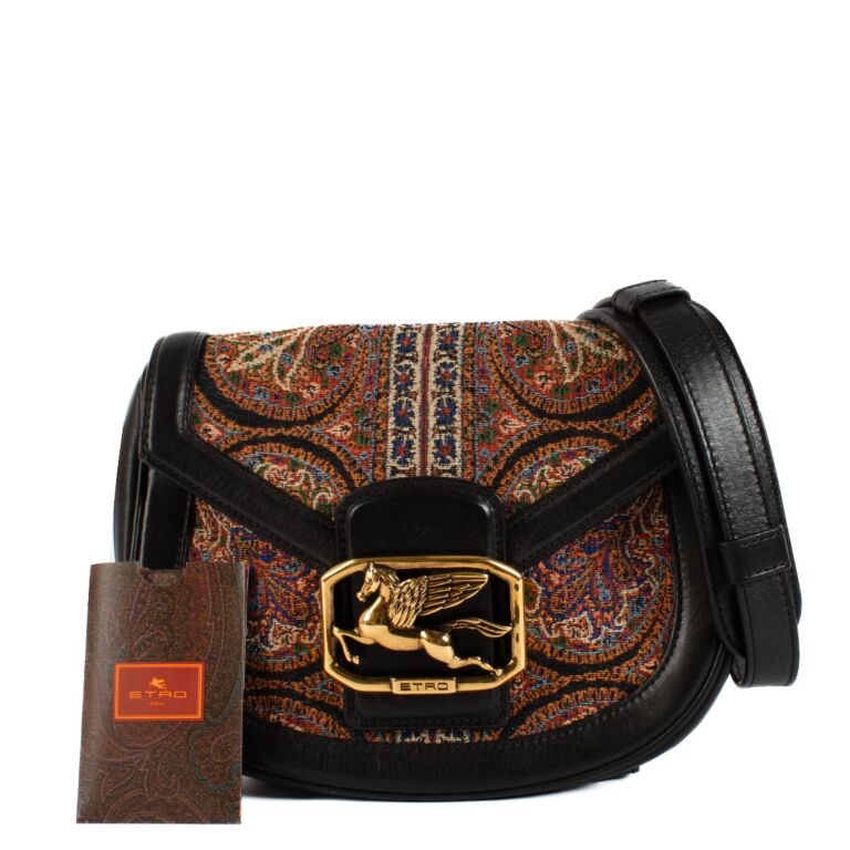 Etro Black Leather Tapestry Pegaso Crossbody Bag ○ Labellov
