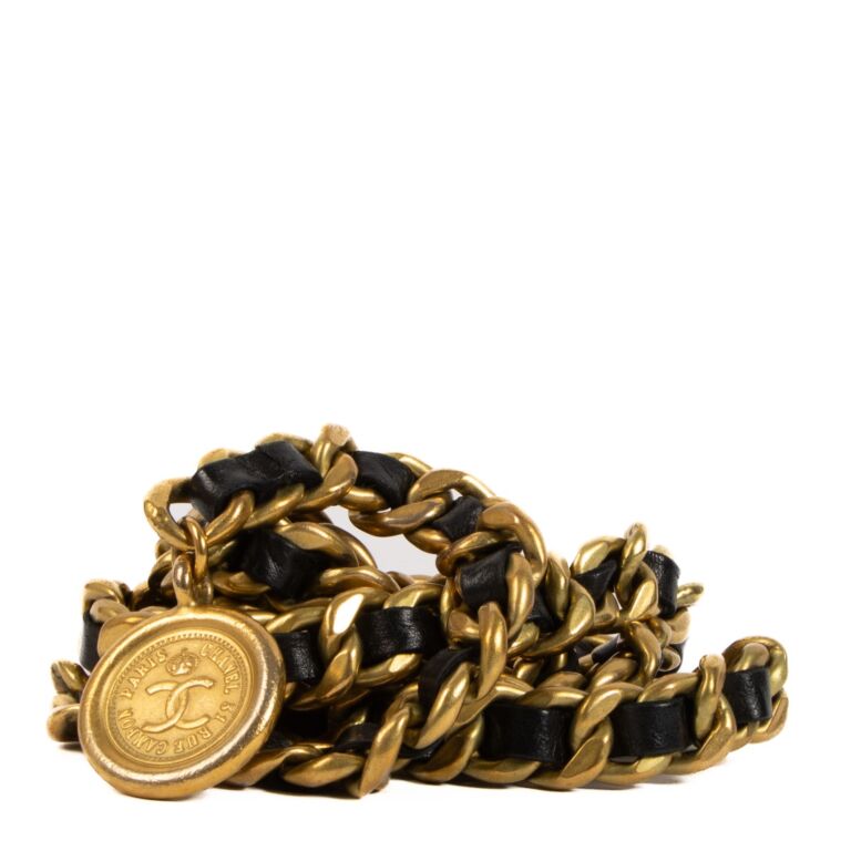 Chanel Vintage Black Leather Gold Double Chain Belt