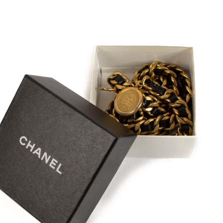 Chanel Vintage Black Leather Gold Double Chain Belt