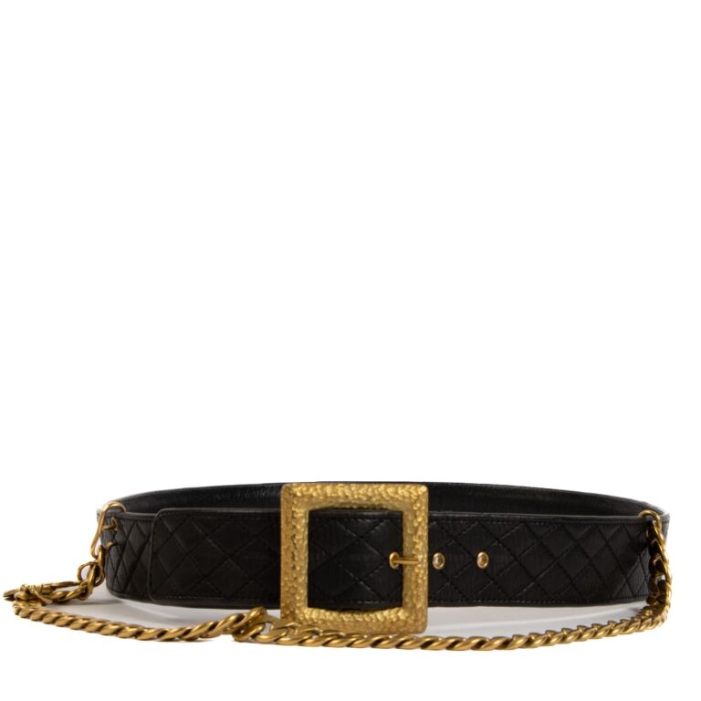 Chanel 94A Black Leather Charm Square Buckle Belt - Size 80