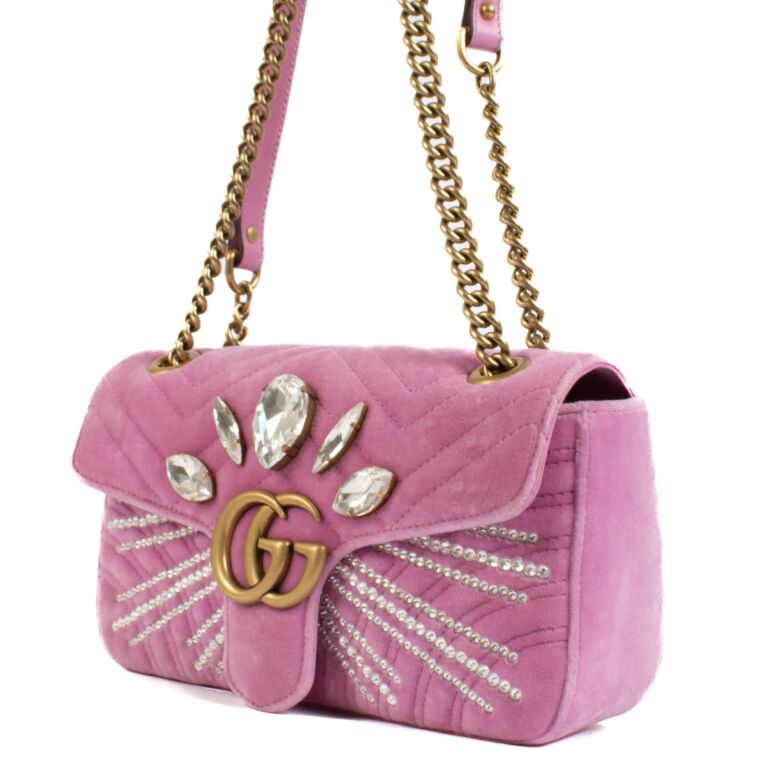 Gucci Pink Velvet Crystals Small GG Marmont Bag ○ Labellov