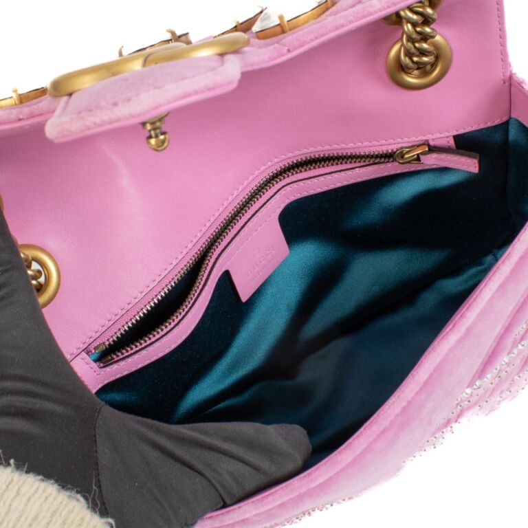 Gucci Pink Velvet Crystals Small GG Marmont Bag ○ Labellov