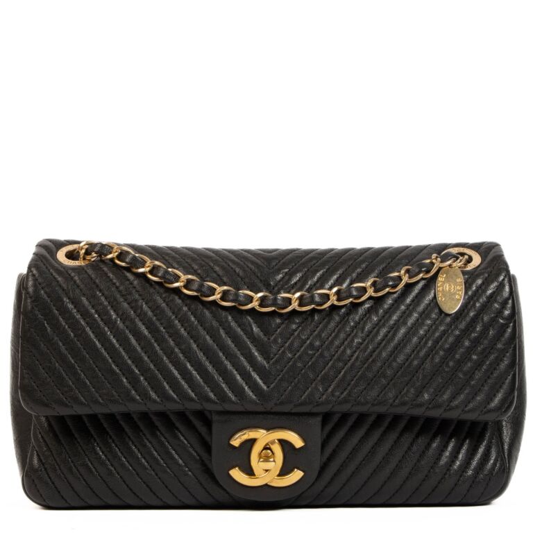 Chanel Black Chevron Goatskin Medallion Flap Bag Labellov