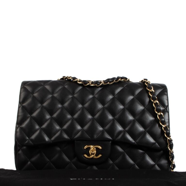 Chanel Black Lambskin Large Classic Single Flap Bag Labellov