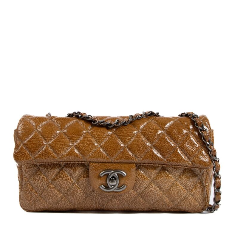 Chanel Caramel Crinkled Patent Leather East West Flap Bag