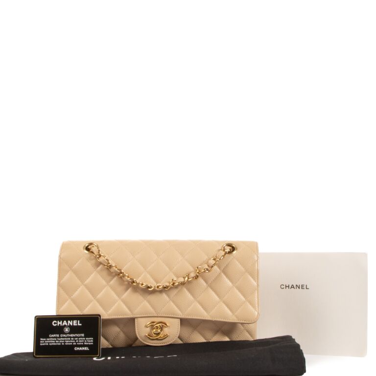 Chanel Medium Classic Flap Beige Caviar Leather Bag Gold Hardware