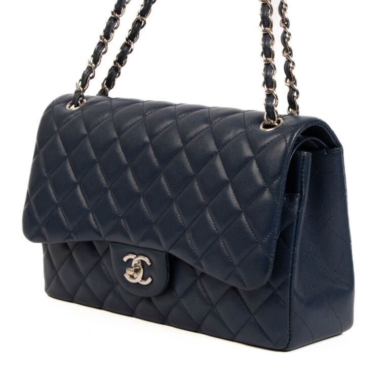 Chanel Timeless Classic 2.55 Jumbo Double Flap Bag in Navy Caviar with  Silver Hardware - SOLD