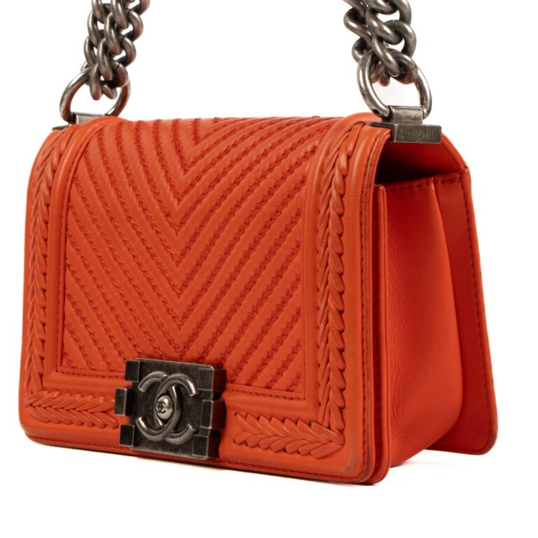 Chanel Orange Calfskin Braided Chevron Small Boy Labellov Buy and Sell Authentic Luxury