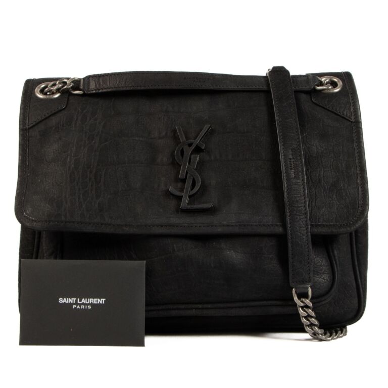 Saint Laurent Black Croc Embossed Nubuck Medium Niki Bag Labellov Buy and Sell Authentic Luxury
